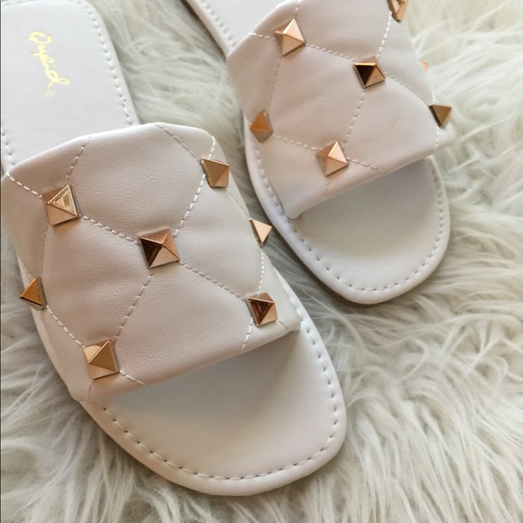 Spiked White Quilted Square Toe Sandals - Picture 6 of 16